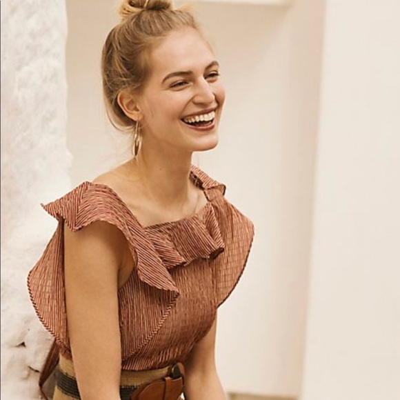 Eva Franco Anthropologie Ruffle Striped Jumpsuit Brown and Cream Pinstripe NWT - Picture 4 of 6